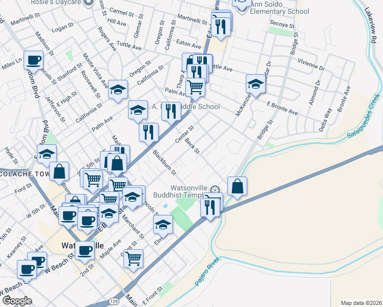 map of restaurants, bars, coffee shops, grocery stores, and more near 509 Beck Street in Watsonville