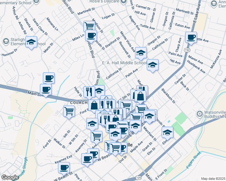 map of restaurants, bars, coffee shops, grocery stores, and more near 140 Sudden Street in Watsonville