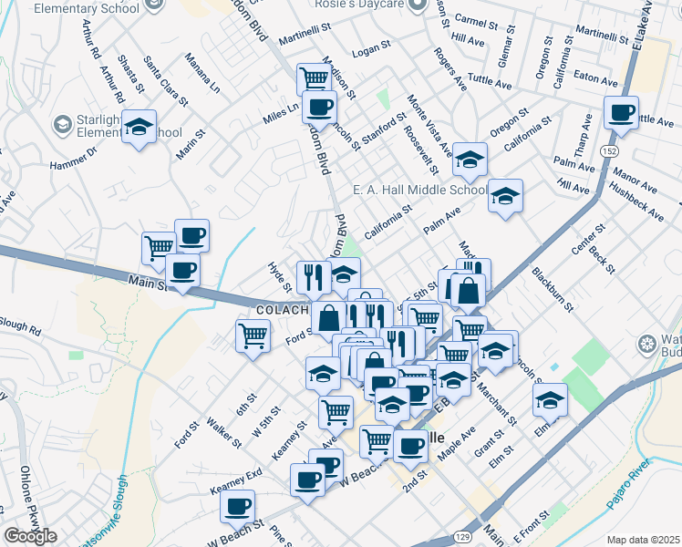 map of restaurants, bars, coffee shops, grocery stores, and more near 1 Park Way in Watsonville