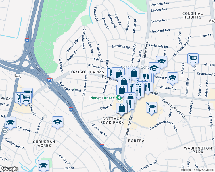 map of restaurants, bars, coffee shops, grocery stores, and more near 7848 Dallas Street in Norfolk