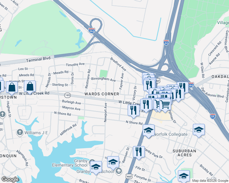 map of restaurants, bars, coffee shops, grocery stores, and more near 328 Sterling Street in Norfolk