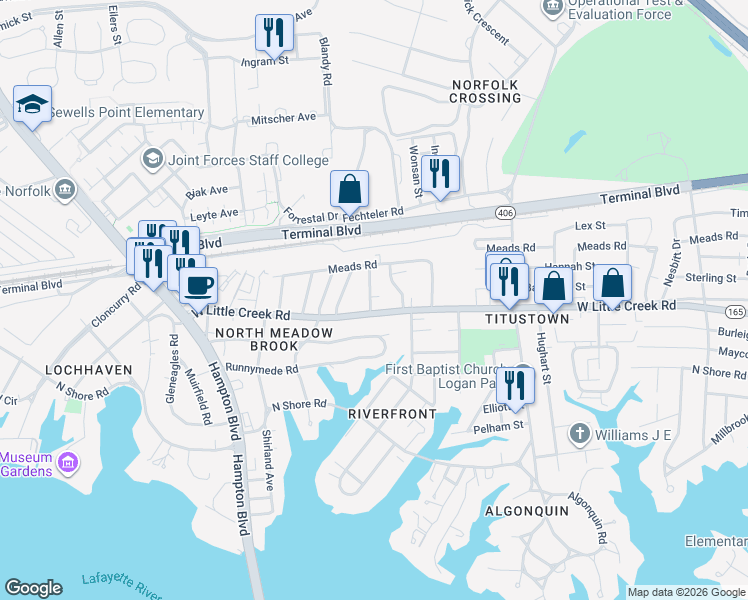 map of restaurants, bars, coffee shops, grocery stores, and more near 1440 West Little Creek Road in Norfolk