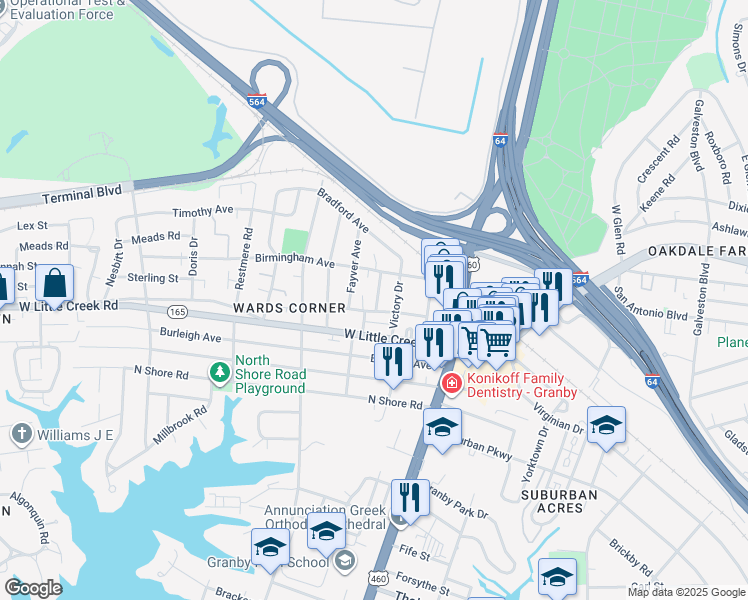 map of restaurants, bars, coffee shops, grocery stores, and more near 7611 Bondale Avenue in Norfolk