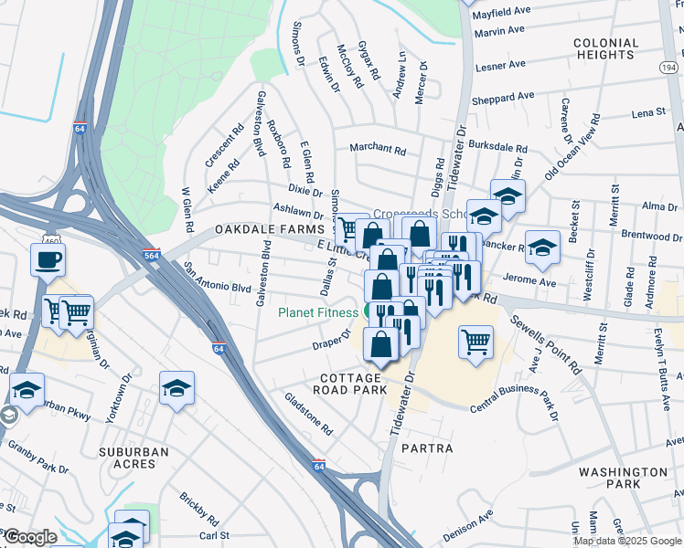 map of restaurants, bars, coffee shops, grocery stores, and more near 7848 Dallas Street in Norfolk