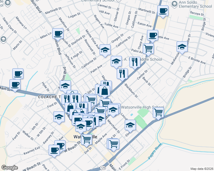 map of restaurants, bars, coffee shops, grocery stores, and more near 27 Madison Street in Watsonville