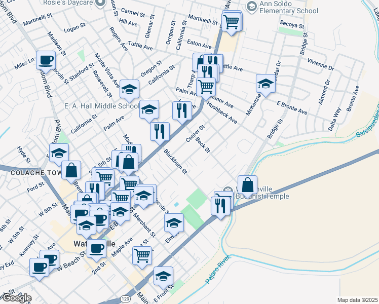 map of restaurants, bars, coffee shops, grocery stores, and more near 427 E Beach St in Watsonville