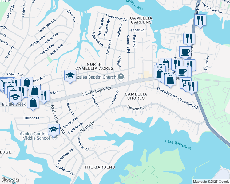 map of restaurants, bars, coffee shops, grocery stores, and more near 7825 Walters Drive in Norfolk
