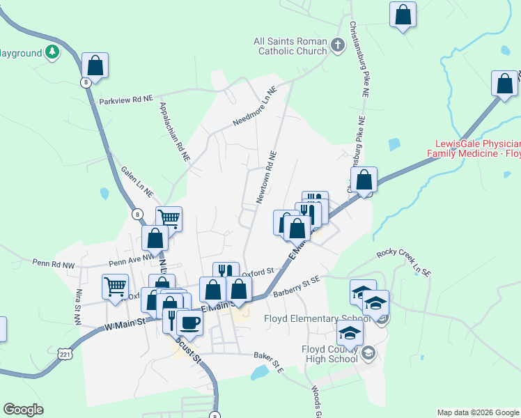 map of restaurants, bars, coffee shops, grocery stores, and more near 227 Newtown Road Northeast in Floyd