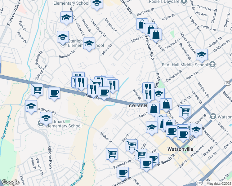 map of restaurants, bars, coffee shops, grocery stores, and more near 960 Main Street in Watsonville