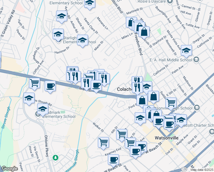 map of restaurants, bars, coffee shops, grocery stores, and more near 960 Main Street in Watsonville