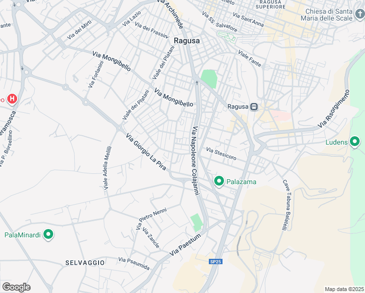 map of restaurants, bars, coffee shops, grocery stores, and more near 99 Via della Quercia in Ragusa