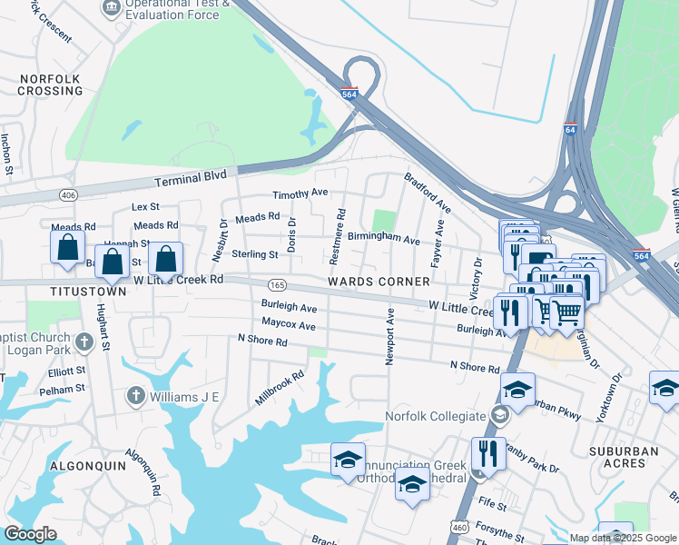 map of restaurants, bars, coffee shops, grocery stores, and more near 7610 Restmere Road in Norfolk
