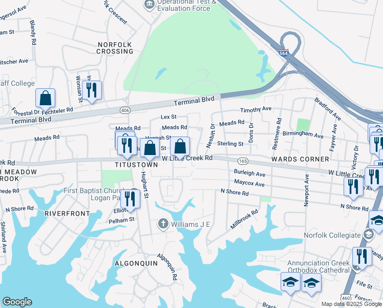 map of restaurants, bars, coffee shops, grocery stores, and more near 774 West Little Creek Road in Norfolk