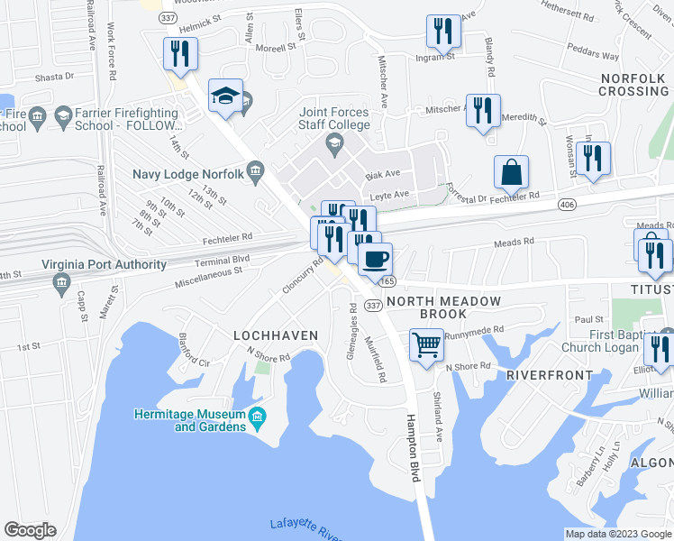 map of restaurants, bars, coffee shops, grocery stores, and more near 7701 Hampton Boulevard in Norfolk