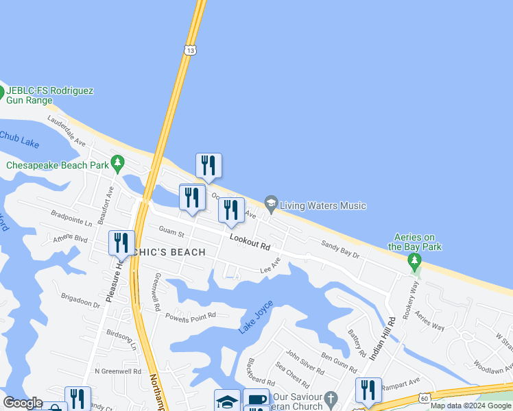 map of restaurants, bars, coffee shops, grocery stores, and more near 4472 Ocean View Avenue in Virginia Beach