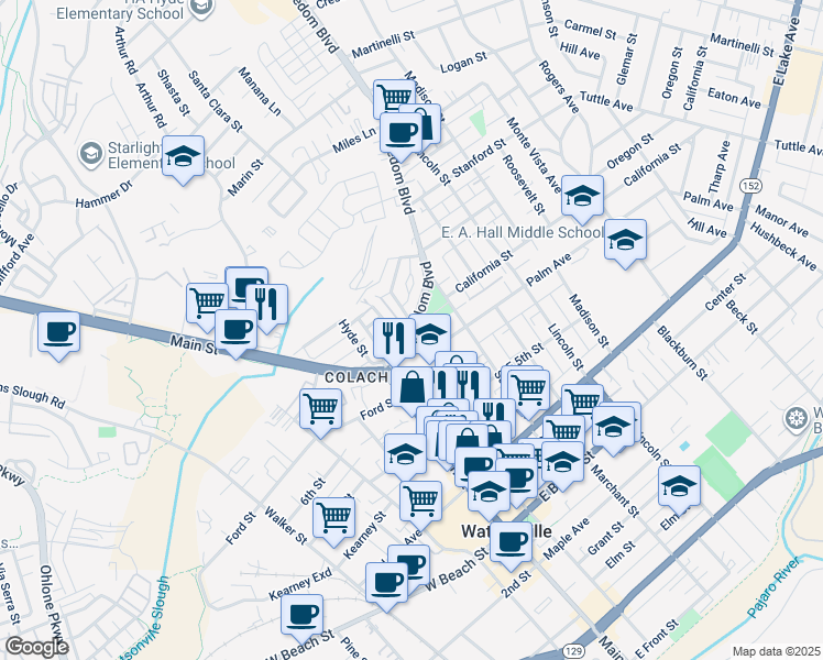 map of restaurants, bars, coffee shops, grocery stores, and more near 771 Freedom Boulevard in Watsonville