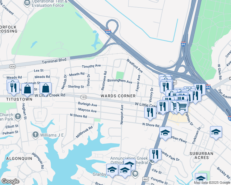 map of restaurants, bars, coffee shops, grocery stores, and more near 408 West Little Creek Road in Norfolk