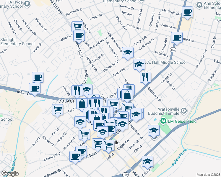 map of restaurants, bars, coffee shops, grocery stores, and more near 120 Jefferson Street in Watsonville