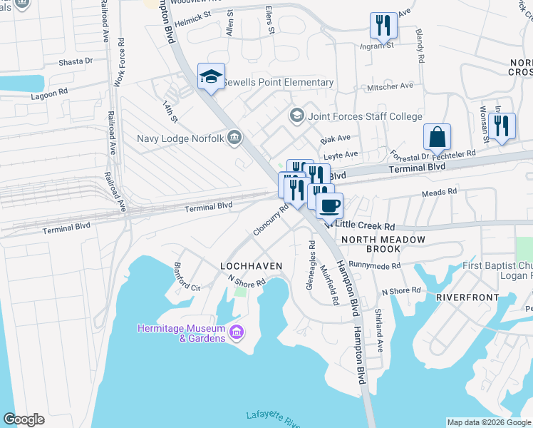 map of restaurants, bars, coffee shops, grocery stores, and more near 1300 Cloncurry Road in Norfolk