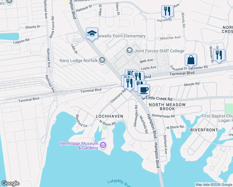 map of restaurants, bars, coffee shops, grocery stores, and more near 1300 Cloncurry Road in Norfolk
