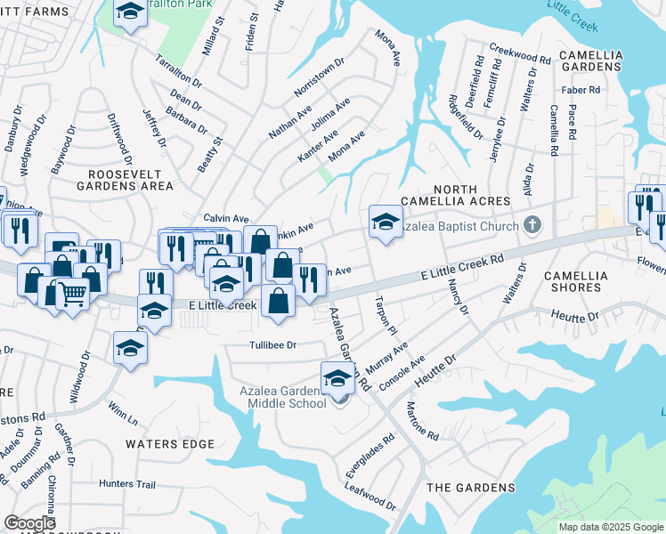 map of restaurants, bars, coffee shops, grocery stores, and more near 2500 Malden Avenue in Norfolk
