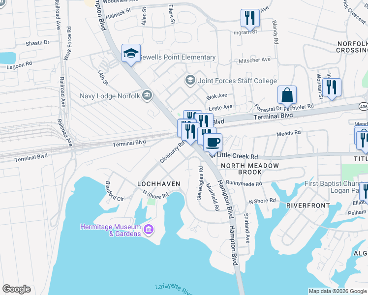 map of restaurants, bars, coffee shops, grocery stores, and more near 7701 Hampton Boulevard in Norfolk