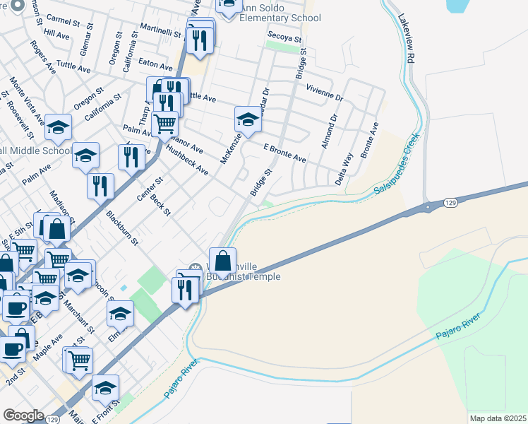 map of restaurants, bars, coffee shops, grocery stores, and more near 205 Hushbeck Ave in Watsonville