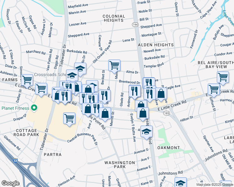 map of restaurants, bars, coffee shops, grocery stores, and more near 7943 Glade Road in Norfolk