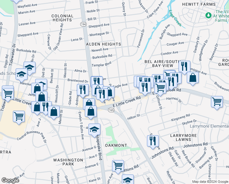map of restaurants, bars, coffee shops, grocery stores, and more near 7936 Pythian Avenue in Norfolk