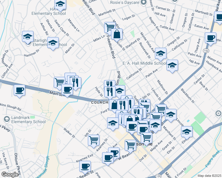 map of restaurants, bars, coffee shops, grocery stores, and more near 12 Eastern Drive in Watsonville