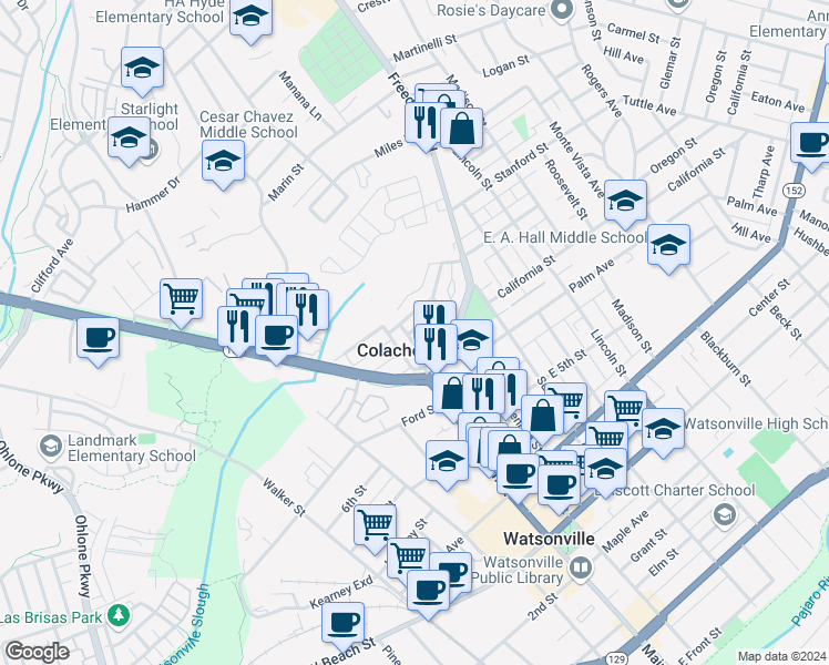 map of restaurants, bars, coffee shops, grocery stores, and more near 31 Western Drive in Watsonville