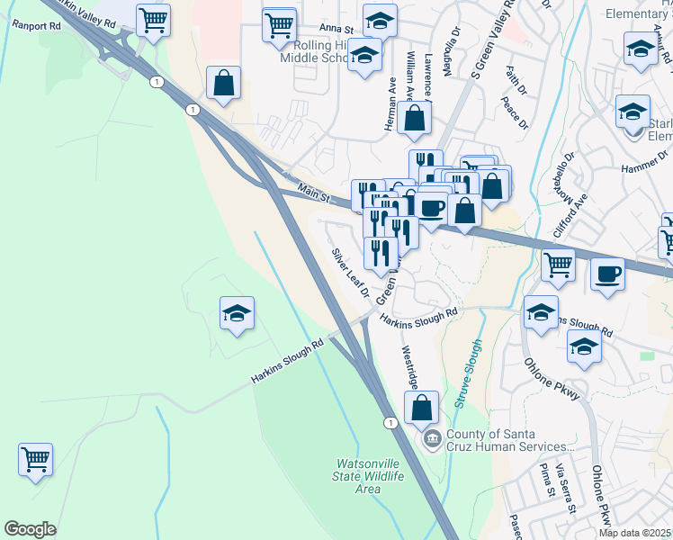 map of restaurants, bars, coffee shops, grocery stores, and more near 209 Silver Leaf Drive in Watsonville
