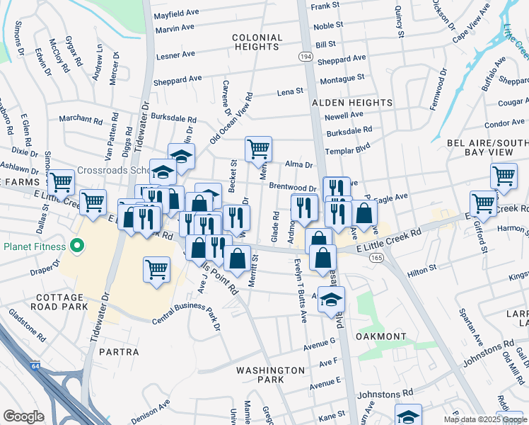 map of restaurants, bars, coffee shops, grocery stores, and more near 7943 Glade Road in Norfolk