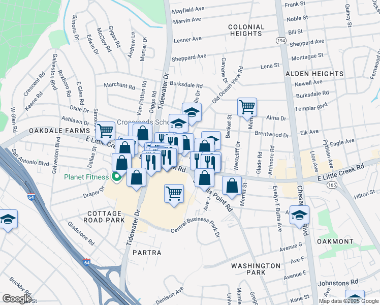 map of restaurants, bars, coffee shops, grocery stores, and more near 7924 Old Ocean View Road in Norfolk