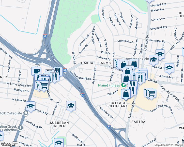 map of restaurants, bars, coffee shops, grocery stores, and more near 360 San Antonio Boulevard in Norfolk