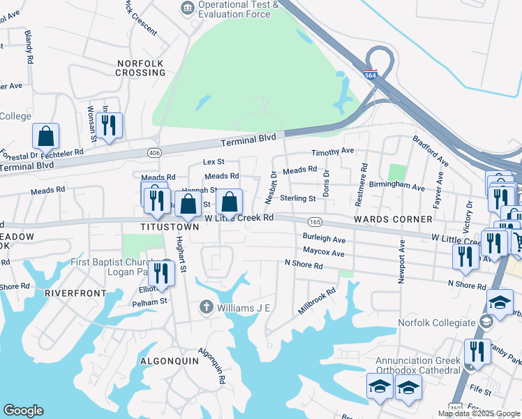 map of restaurants, bars, coffee shops, grocery stores, and more near 774 West Little Creek Road in Norfolk