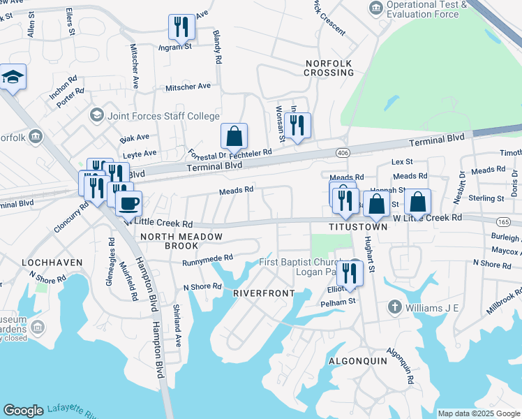 map of restaurants, bars, coffee shops, grocery stores, and more near 7717 Major Avenue in Norfolk