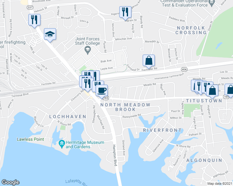 map of restaurants, bars, coffee shops, grocery stores, and more near 1600 West Little Creek Road in Norfolk