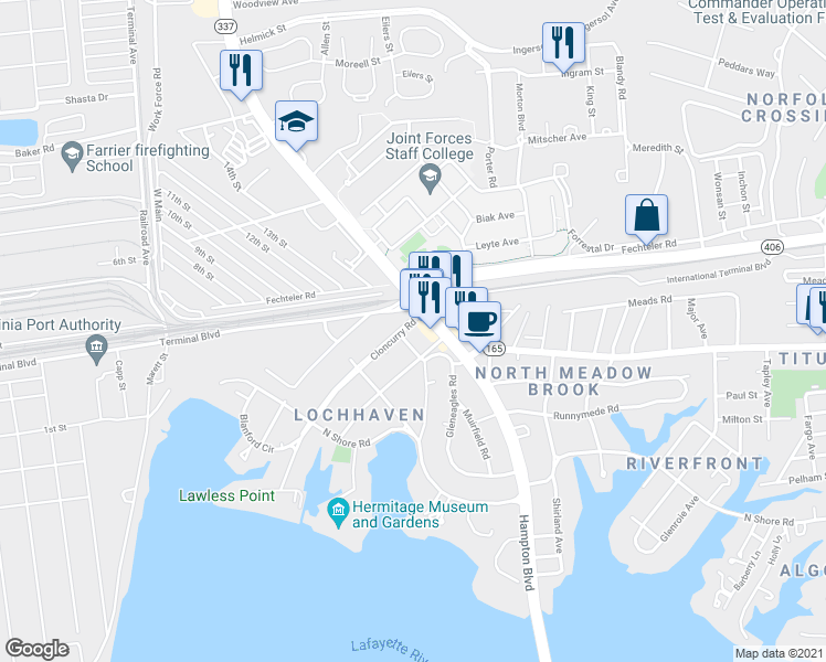 map of restaurants, bars, coffee shops, grocery stores, and more near 7701 Hampton Boulevard in Norfolk