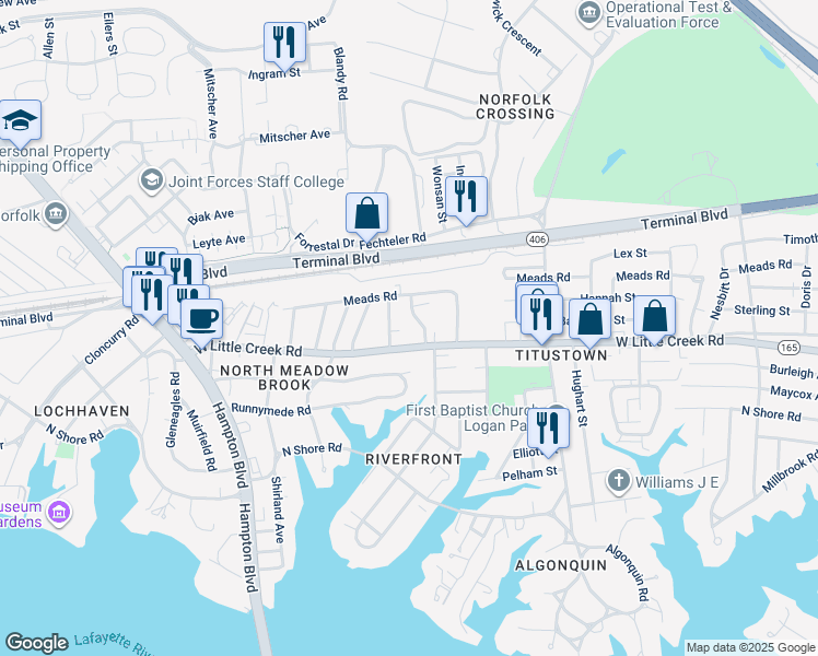 map of restaurants, bars, coffee shops, grocery stores, and more near 7725 Major Avenue in Norfolk