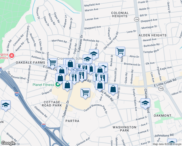 map of restaurants, bars, coffee shops, grocery stores, and more near 7922 Old Ocean View Road in Norfolk