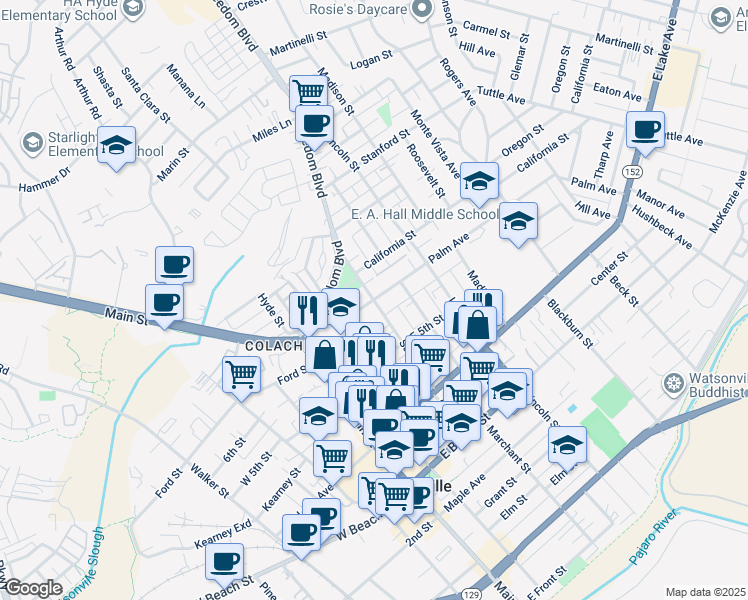 map of restaurants, bars, coffee shops, grocery stores, and more near Palm Avenue & Sudden Street in Watsonville