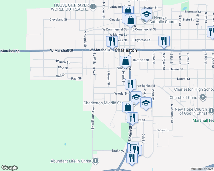 map of restaurants, bars, coffee shops, grocery stores, and more near 400-598 West Ironbanks Road in Charleston