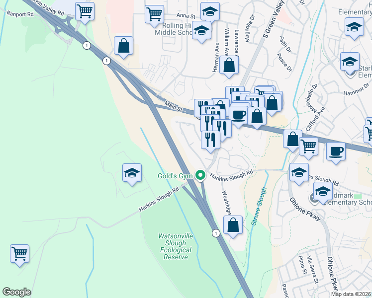 map of restaurants, bars, coffee shops, grocery stores, and more near 209 Silver Leaf Drive in Watsonville