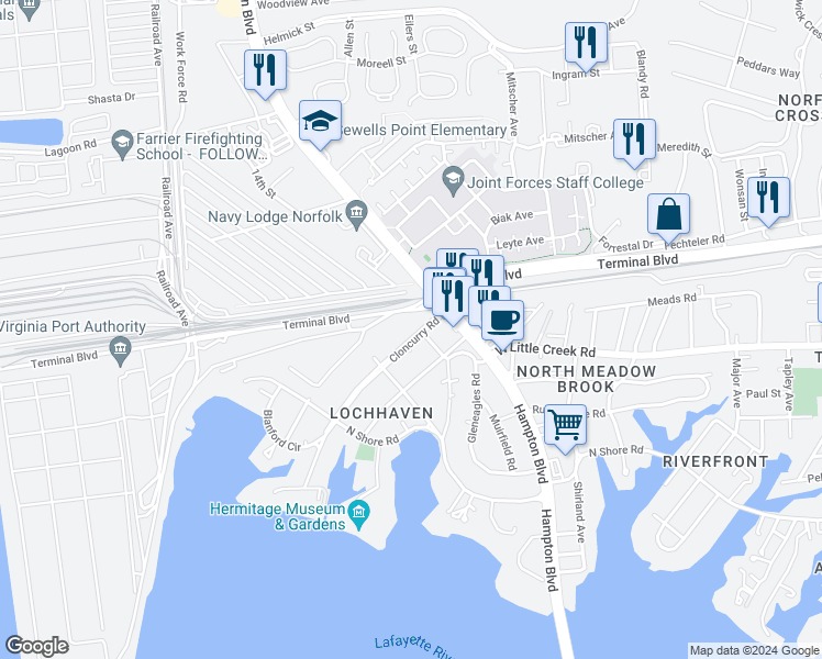 map of restaurants, bars, coffee shops, grocery stores, and more near 1300 Cloncurry Road in Norfolk