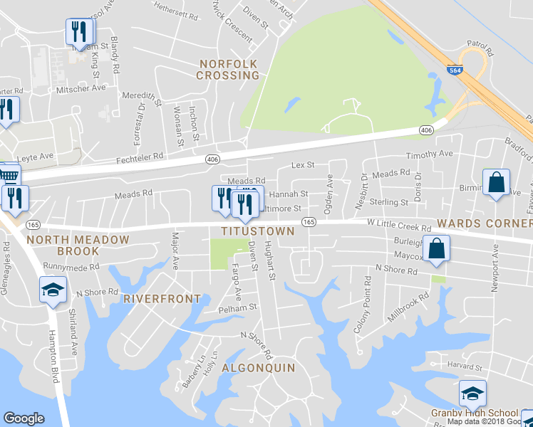 map of restaurants, bars, coffee shops, grocery stores, and more near 1021 Baltimore Street in Norfolk