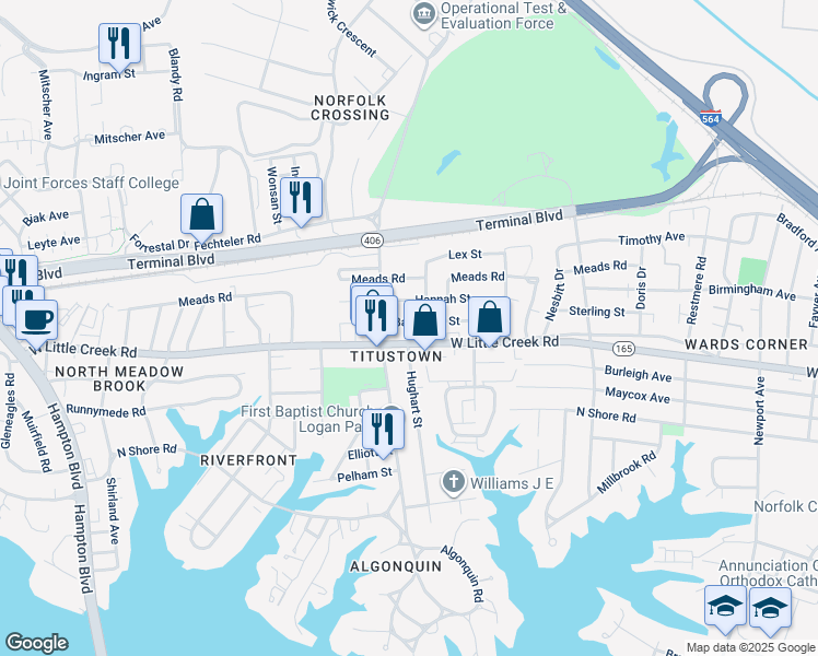 map of restaurants, bars, coffee shops, grocery stores, and more near 1021 Baltimore Street in Norfolk