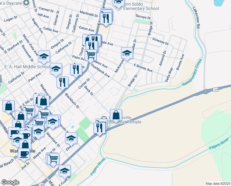 map of restaurants, bars, coffee shops, grocery stores, and more near 563 Argos Circle in Watsonville
