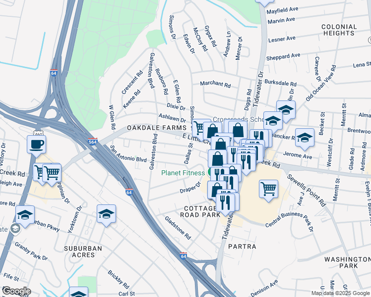 map of restaurants, bars, coffee shops, grocery stores, and more near 471 Fort Worth Avenue in Norfolk