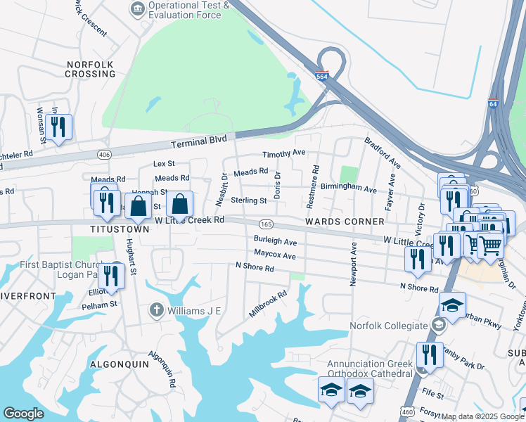 map of restaurants, bars, coffee shops, grocery stores, and more near 526 Grantham Road in Norfolk
